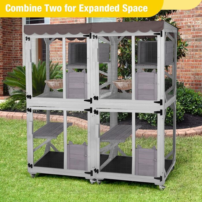 X-ZONE Кiтiо для кота на колесах: будиночок з ліжком, когтеточкою та платформами, водовідштовхувальне покриття (сірий), 80x80x182.5 см