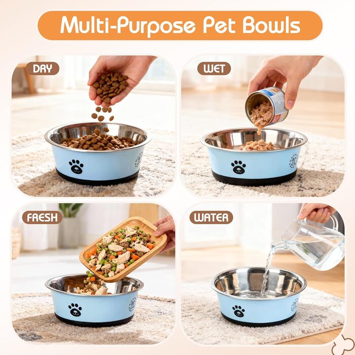 Набори мисок для собак та котів з нержавіючої сталі з силіконовим дном, 2 шт. (блакитні)
