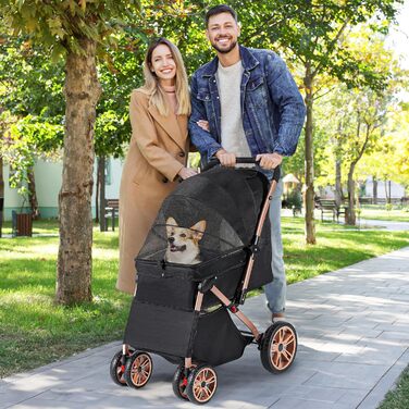 Візок для собак та котів YITAHOME, чорний, до 22 кг, складна конструкція, з сумкою, подушкою, сітковими вікнами та кошиком для зберігання