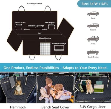 Захисний чохол на заднє сидіння для собак Lassie XL, автомобільна гамак для великих SUV та пікапів, сумісний з F150 F250/Chevrolet Silverado/Ram Pickup/GMC Sierra/Toyota Tundra та Crew Cab (Прозорий чорний + бежева окантовка)