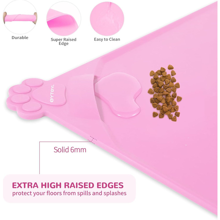Водонепроникний килимок для годування домашніх тварин з високими бортиками, 55 x 38 см, силіконовий, неслизький, для собак та котів, запобігає розливанню води (рожевий, 48 x 30 см)