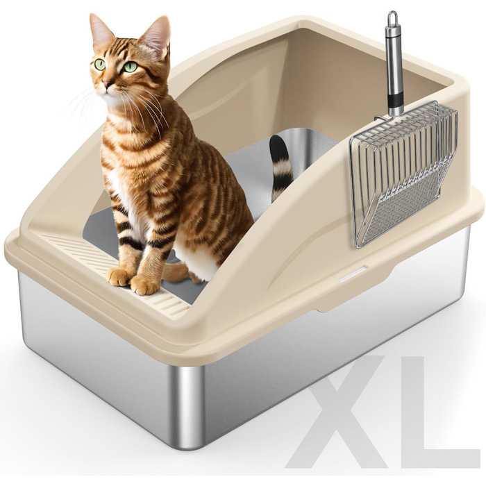 FURTIME туалет для котів із нержавіючої сталі з кришкою, XL, велика металева котяча туалетна з високими бортами, антипригарне покриття, легке очищення, захист від протікання сечі