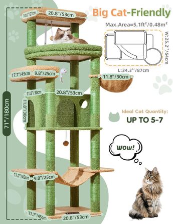 Когтеточка для котів Taoqimiao 180 см XXL, великий котячий комплекс для Maine Coon з будиночком, гамаком, великою платформою, 9 стійок для дряпання, кошиком, зелений