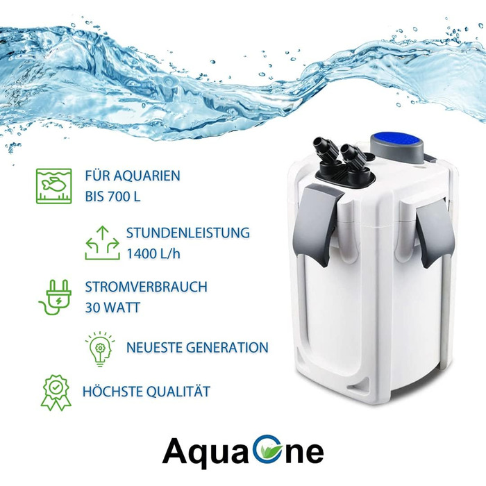 Зовнішній фільтр AquaOne HW-703A 1400 л/год для акваріумів до 700 л, високоякісний фільтр з фільтруючими матеріалами для прісноводних і морських акваріумів