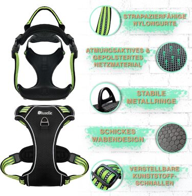 Шлейка для собак середніх порід Bluzelle з ручкою та кишенею для GPS-трекера, світловідбиваюча, дихаюча, зелена (L, чорний 3)