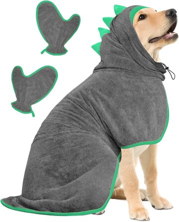 Рушник для собак з мікрофібри, халат для собак, швидковисихаючий, з регульованим коміром на липучці, для великих, середніх та маленьких собак/котів (Сірий зелений, M)