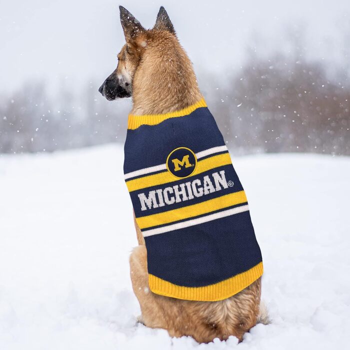 Светр для собак Pets First NCAA Michigan Wolverines, теплий в'язаний пуловер з логотипом команди, розмір L, синій, для великих і малих порід