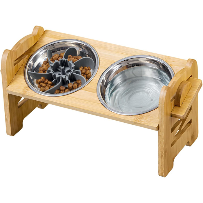 Підвищена годівниця для собак DOKKOME: регульована висота, бамбуковий підставник, нержавіюча сталь, для маленьких собак та котів, захист суглобів