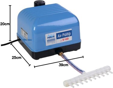Компресор AquaForte Hi-Flow V-60 для ставка, комплект: розподільник повітря, 50 м шлангу 4x6 мм, 10 аераторів 5 см, продуктивність 40 л/хв при 2 м, для ставка до 36 м³