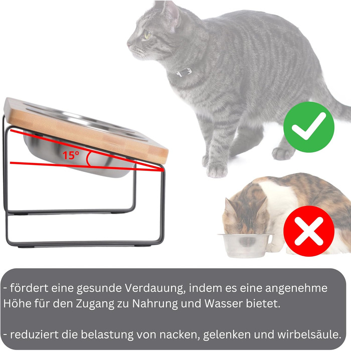 Підвищена годівниця для котів, ергономічна миска для котів, годівниця з кераміки та дерева, піднята годівниця для котів та маленьких собак (Noir - нержавіюча сталь)