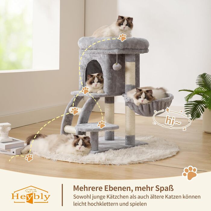 Кігтеточка Heybly Kratzbaum 75 см: кігтеточка-вежа з платформою, будиночком, гамаком, драбиною та іграшками для котів, сірий колір, HCT009SM
