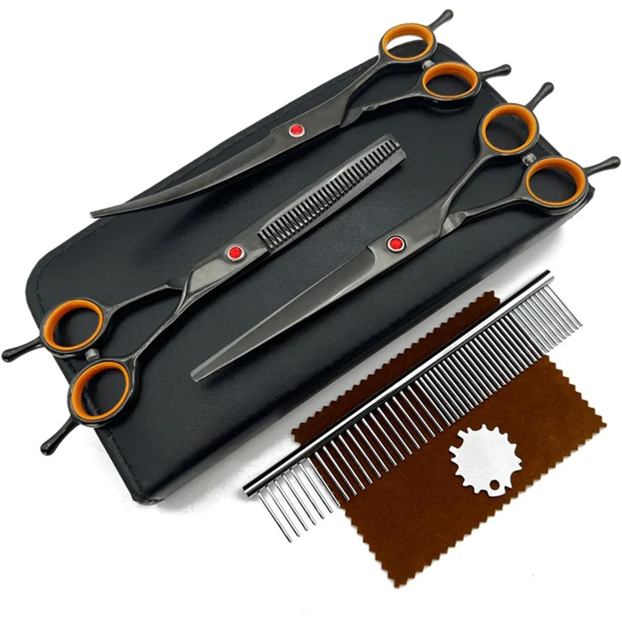Професійний набір ножиць для грумінгу собак: вигнуті, прямі, розріджувачі + гребінець (чорний+помаранчевий)