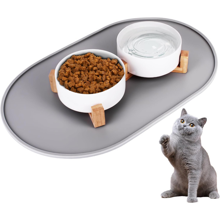 Набір мисок для котів 2 шт. з кераміки з підставкою з бамбука та силіконовим килимком - 2 x 400 мл