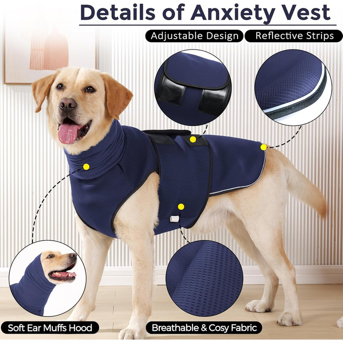 Заспокійливий жилет для собак та котів з навушниками, що приглушують звук, з світловідбиваючими смугами, зелений армійський (XL, блакитний океан)