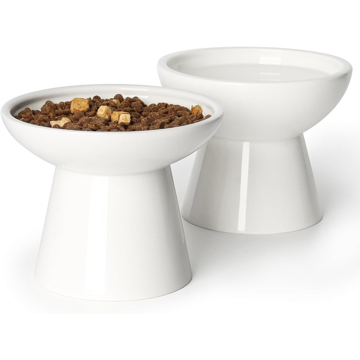 Набір мисок для котів YauYik (2 шт.) – керамічні миски для корму та води, підняті, широкі, білі