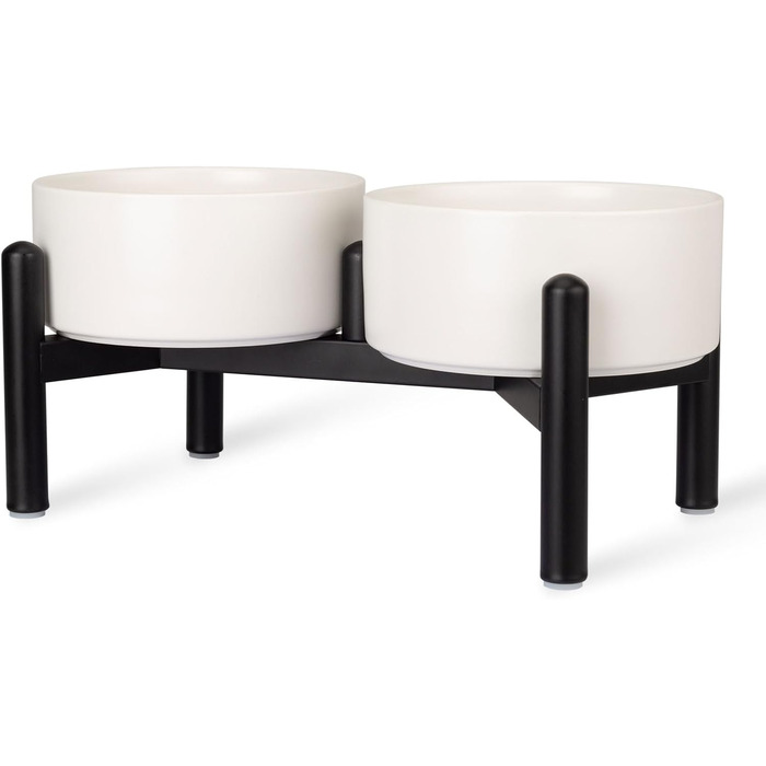 Підвищена годівниця для собак, набір - 2 годівниці з кераміки на металевому стійці, 850 мл, для малих та великих собак, колір: білий, розмір: середній