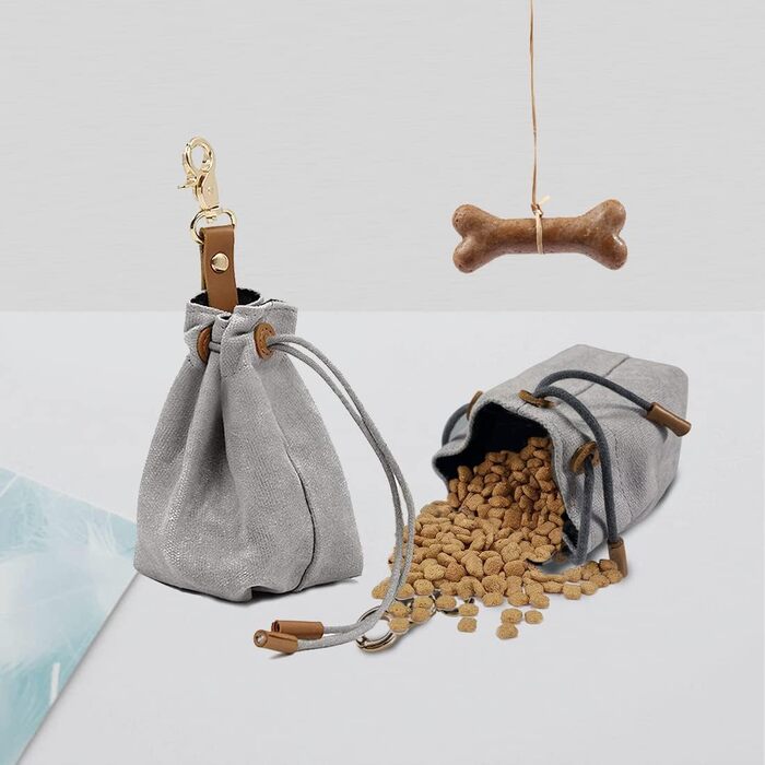 Сумка для корму для собак, канвас, з кліпсою та шнуром, для тренувань собак (сіра)