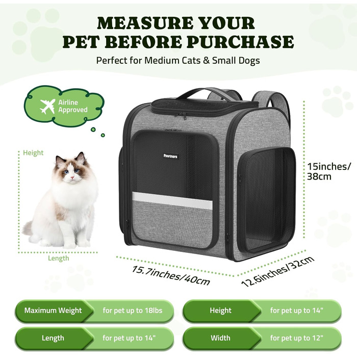 Рюкзак для собак та котів Pawtners, до 8,2 кг, сірий, дихаючий, з міцною сіткою