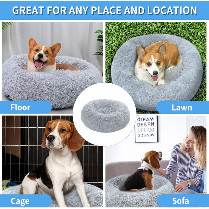 М'яке кругле ліжко для собак 60 см – зручне доріжне ліжко для котів та маленьких собак, миється, не ковзає, плюшеве ліжко для тварин, сірий (L 50 x B 50 x H 20 см, світло-сірий)