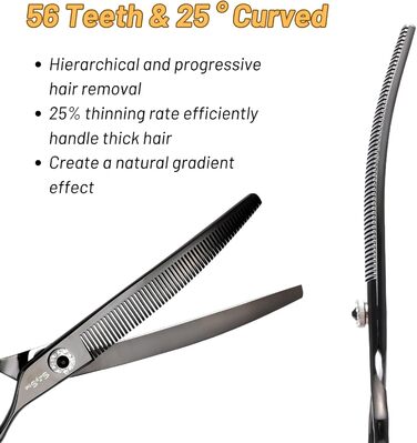 Професійна вигнута ножиця для грумінгу домашніх тварин 7.5 дюймів (19 см), 56 зубів, чорний колір, 25% тонкість