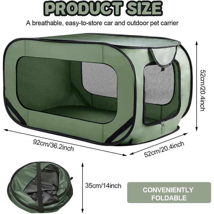 Складана переносна переносна коробка для собак та котів, 94x53x53 см, зелена