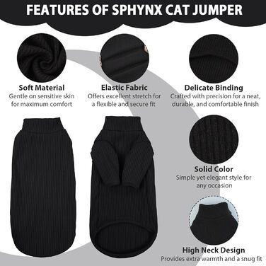 В'язаний жилет для безшерстих котів з високим коміром, чорного кольору. Дихаючий одяг для Sphynx, Cornish Rex, Devon Rex, Peterbald. Теплий пуловер-піжама для котів.