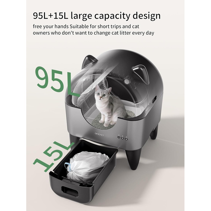 Автоматичний лоток для котів, 110 л, для кількох тварин, з мішками для сміття, герметичний, дезодорує, з додатком