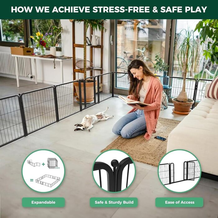 FXW Homeplus Unleashed: Вольєр для собак - безпечне та безстресове місце для ігор. Міцний, 8 панелей по 61 см, підходить для цуценят та маленьких собак. Чорний колір, патентована модель.