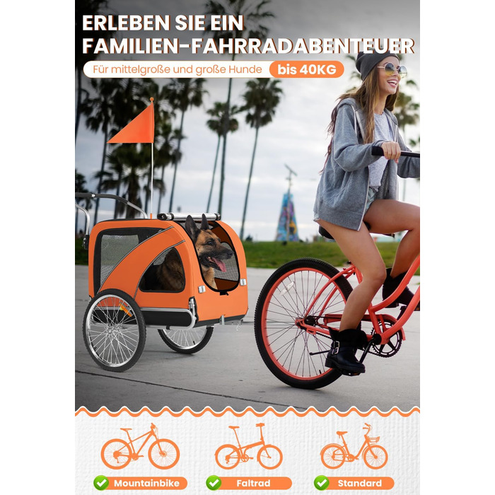 SEPNINE® Причіп для собак XL 2-в-1, велосипедний та візок для собак до 40 кг, складний з гальмами та з'єднувачем для середніх та великих собак - Синій (Помаранчевий)