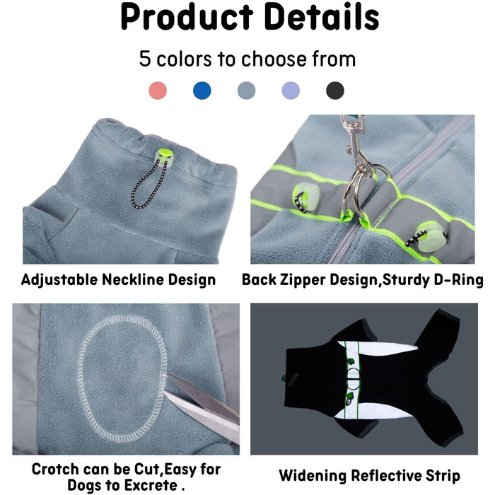 Флісовий теплий зимовий одяг для собак, куртка-комбінезон з D-кільцем, регульований, для маленьких та середніх собак (Сіро-блакитний, M)