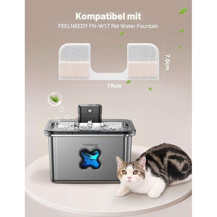 Фонтанчик для котів FEELNEEDY 3.2л, нержавіюча сталь, з акумулятором 4000mAh, датчиком руху, миється в посудомийній машині (6 фільтрів + 6 губчастих фільтрів)