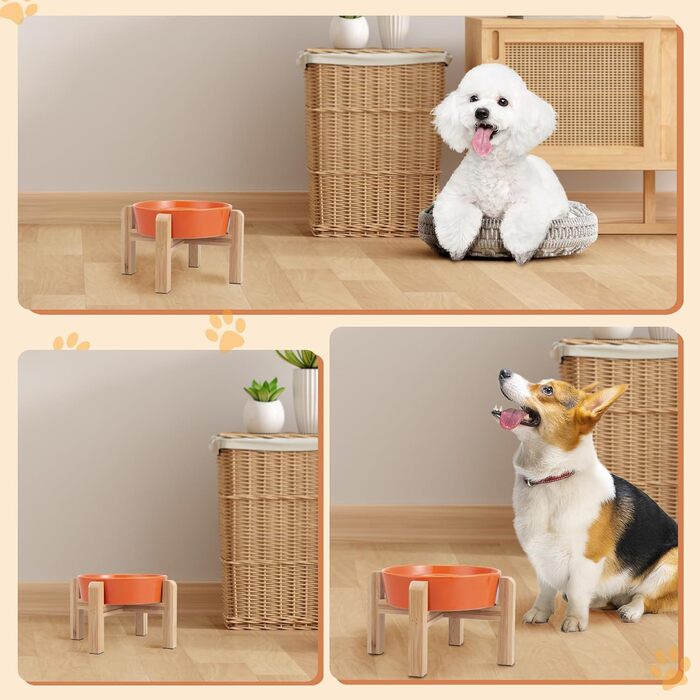 Антислизька годівниця для собак, кераміка, піднята - годівниця для собак на бамбуковому підставці, для повільного годування, для маленьких та середніх собак, білий, діаметр 17 см