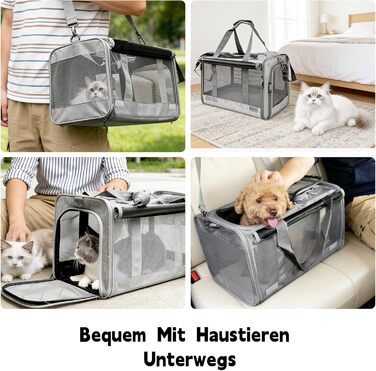 Транспортна переноска для котів та собак, 46x30x30 см, темно-сіра, складана, з вентиляційною сіткою та кишенею, до 10 кг