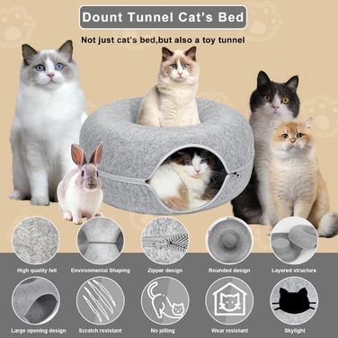 Туннель для котів KunpengZen, філц, шурхотливий, іграшка-лежанка, 50 см, для кошенят та малих тварин до 4 кг, сірий