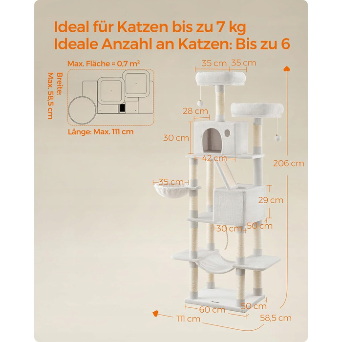 Високий когтеточка-комплекс для котів Feandrea: ігровий центр з лежаком та стовпчиком (161 - 220 см)