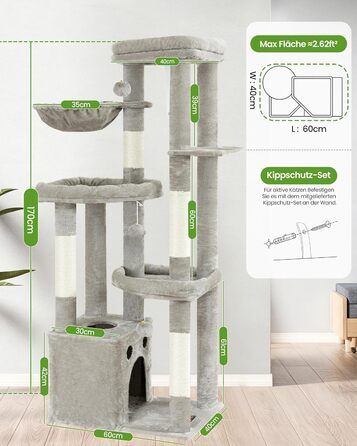 Комплекс для котів Kratzbaum XL 170 см: Дряпка-стовп, будиночок, платформа, гамак - Сірий котячий будинок