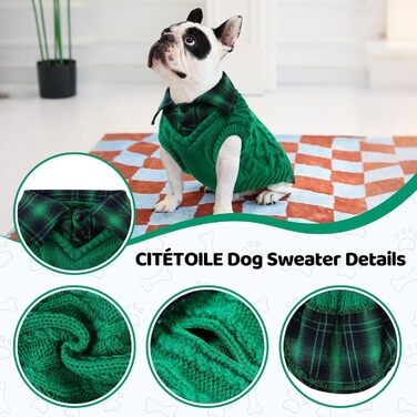 Теплий собачий светр CITE TOILE з візерунком у клітинку, комір-гетр та отворами для повідка – зимовий одяг для собак маленьких, середніх та великих порід, светр для котів на Різдво (L, Зелений)