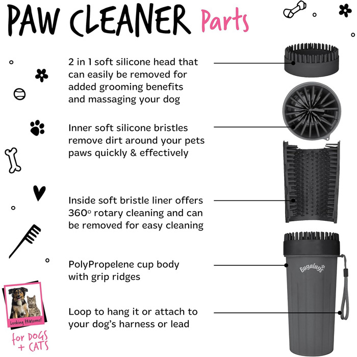 Очисник лап для собак BUGALUGS - портативний душ для лап для собак та котів (Великий, чорний)