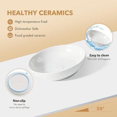 Миска для котів Havniva з піднятою керамічною платформою, широка для вусів, неслизька годівниця та поїлка з 2 підставками, регульований набір мисок (2 миски + підставка, Vintage Latte)