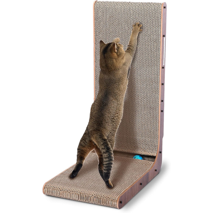 Кігтеточка для котів ScratchMe з іграшками: кульова дорога, м'ячик, L-подібна форма, картонне ліжко, біло-блакитний колір, 27*41 см