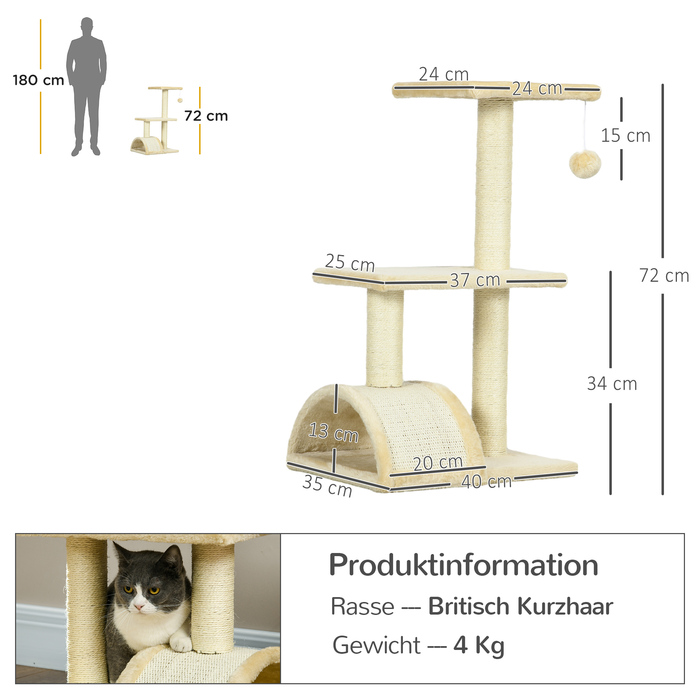 PawHut Cat Tree 72 см Котяча вежа з плюшевими кульками, стовбури з сизалю, платформа, кігтеточка Багатоярусна кігтеточка для кішок, лазіння по дереву, для середніх кішок, кремово-біла | Аосом
