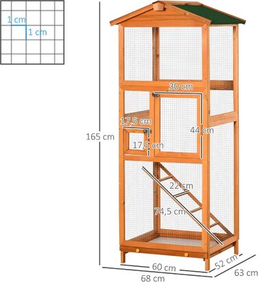 Вулична клітка для птахів PawHut 68x63x165 см, з ялинового дерева, 2 двері, знімний піддон, натуральний асфальтовий дах