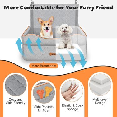 Автокрісло для собак VavoPaw: для собак до 25 кг, з м'яким сидінням та страхувальним ременем, сіре