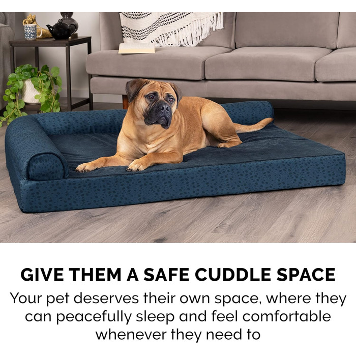 Ліжко для собак Furhaven великого розміру з ортопедичним матрацом, стиль дивана, знімний чохол, велике (135 x 102 x 24 см, блакитно-горіховий)