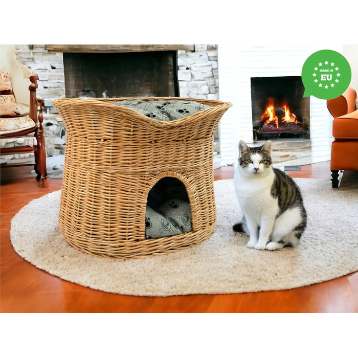 Кошик для кота зі спального місця, котяча хата з лози 60 см, двоповерхове ліжко для котів і собак з м'якою сірою подушкою, натуральний колір