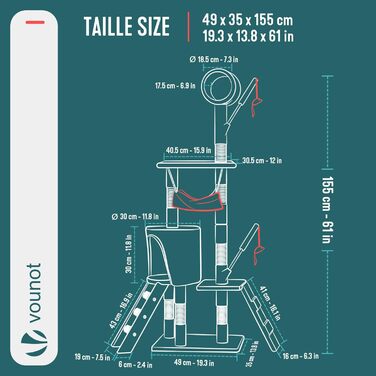 Кігтеточка для котів Vounot® 112 см, багатоярусна, з платформами, печерою та іграшками (сірий)