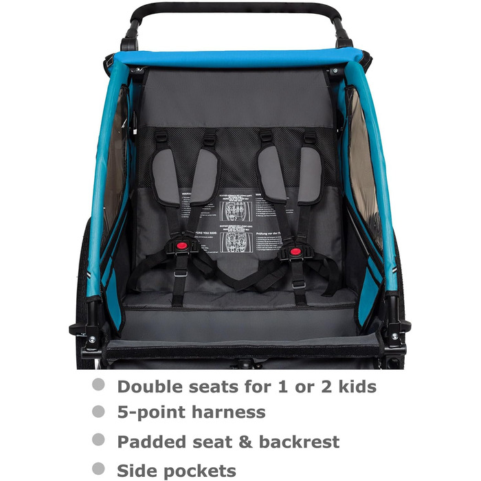 Дитячий велопричіп Tiggo VS 2в1 з амортизацією та поворотним з'єднанням 360° - для 1-2 дітей до 40 кг (синій)