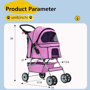 Візок для собак FDW, складаний, для котів та собак, з обертовими колесами на 360°, з кошиком для зберігання, подушкою та сітковими віконцями, утримувачем для напоїв, до 15 кг, рожевий