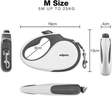 Рулетка для собак Edipets, висувна, нейлон, 5 м, 360°, для малих, середніх та великих собак (біла, M)