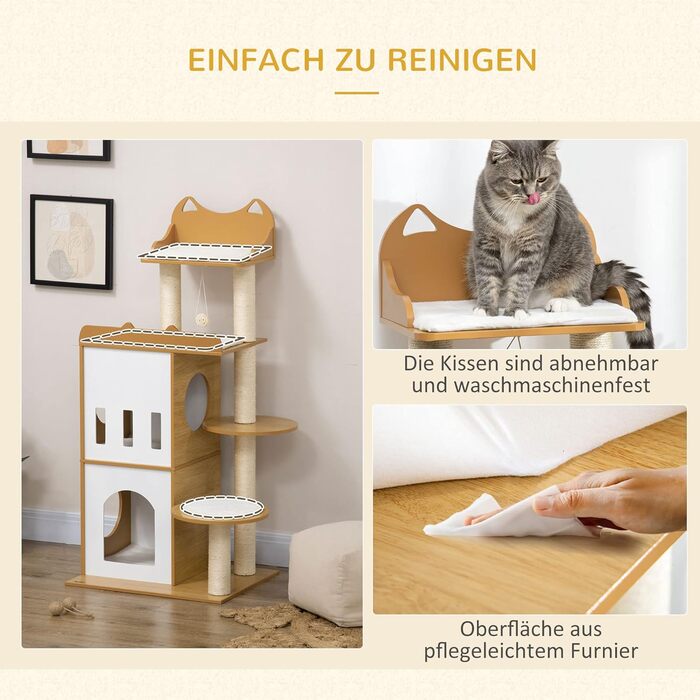 Дерев'яний кігтеточки PawHut 133 см з 2 будиночками для котів, кріплення для лазіння, сучасний дизайн, з корисними аксесуарами, для дому